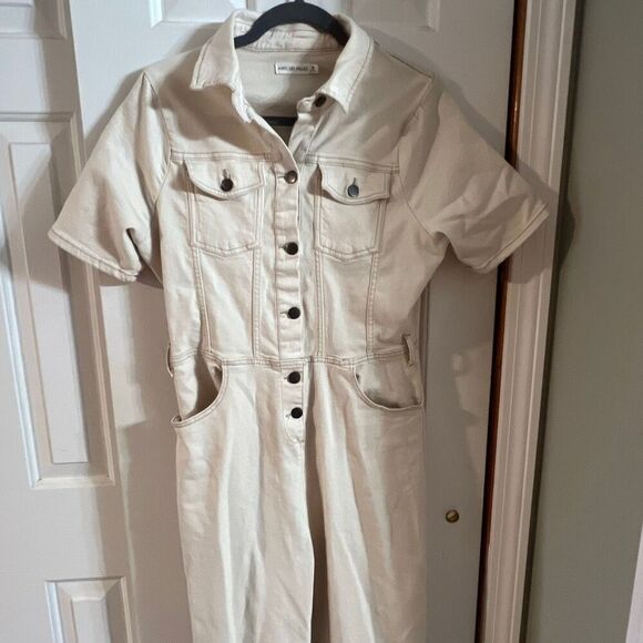 Avec Les Filles Pants - Avec Les Filles Women's Cream Cotton Straight Leg Denim Utility Jumpsuit Size 30